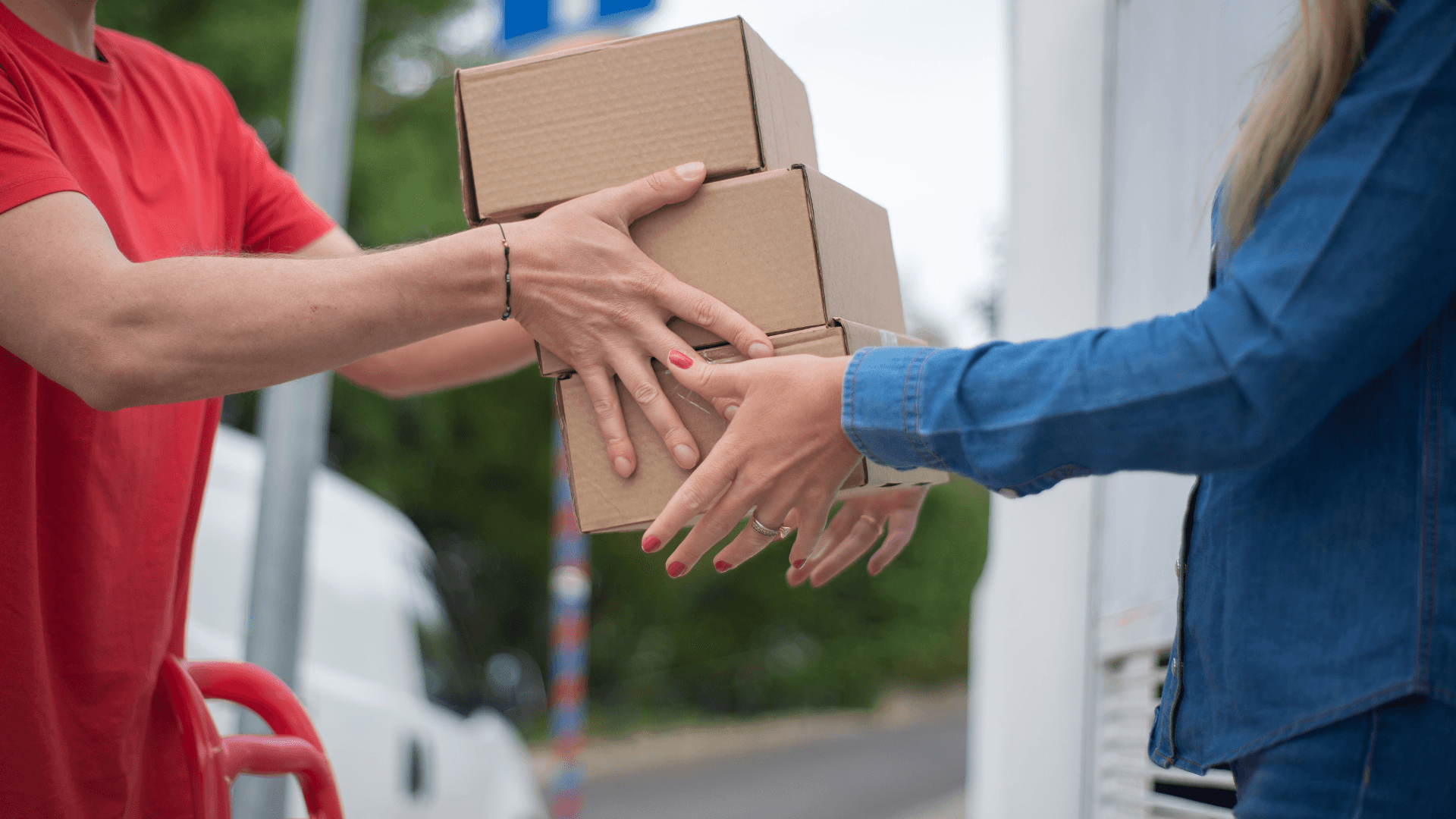 Courier delivering an international express parcel to a customer