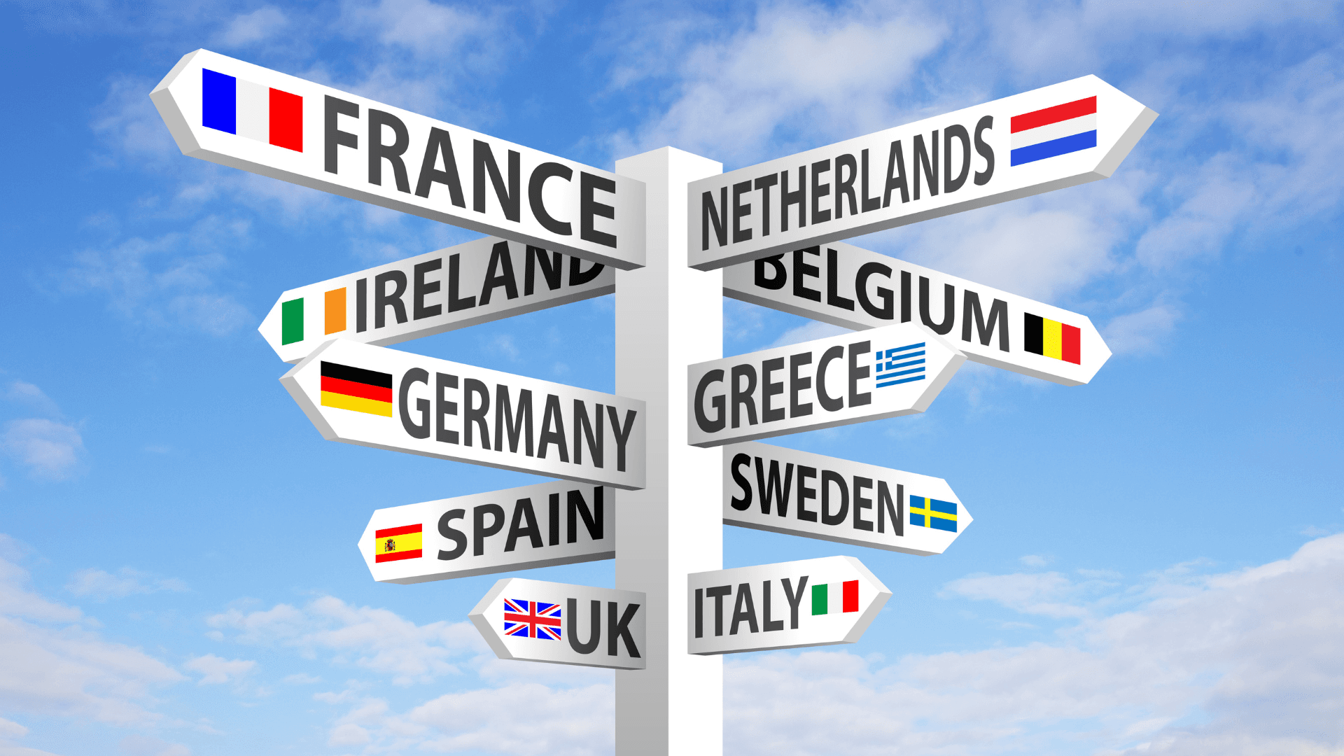 Signpost pointing to European countries including Germany, France and the Netherlands — destinations for freight from Pakistan to Europe